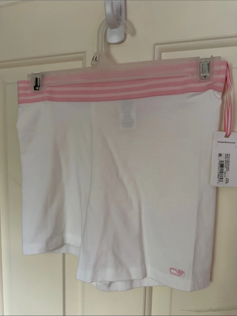 Vineyard Vines White Lounge Tumble Cartwheel Shorts with Pink Striped Waistband